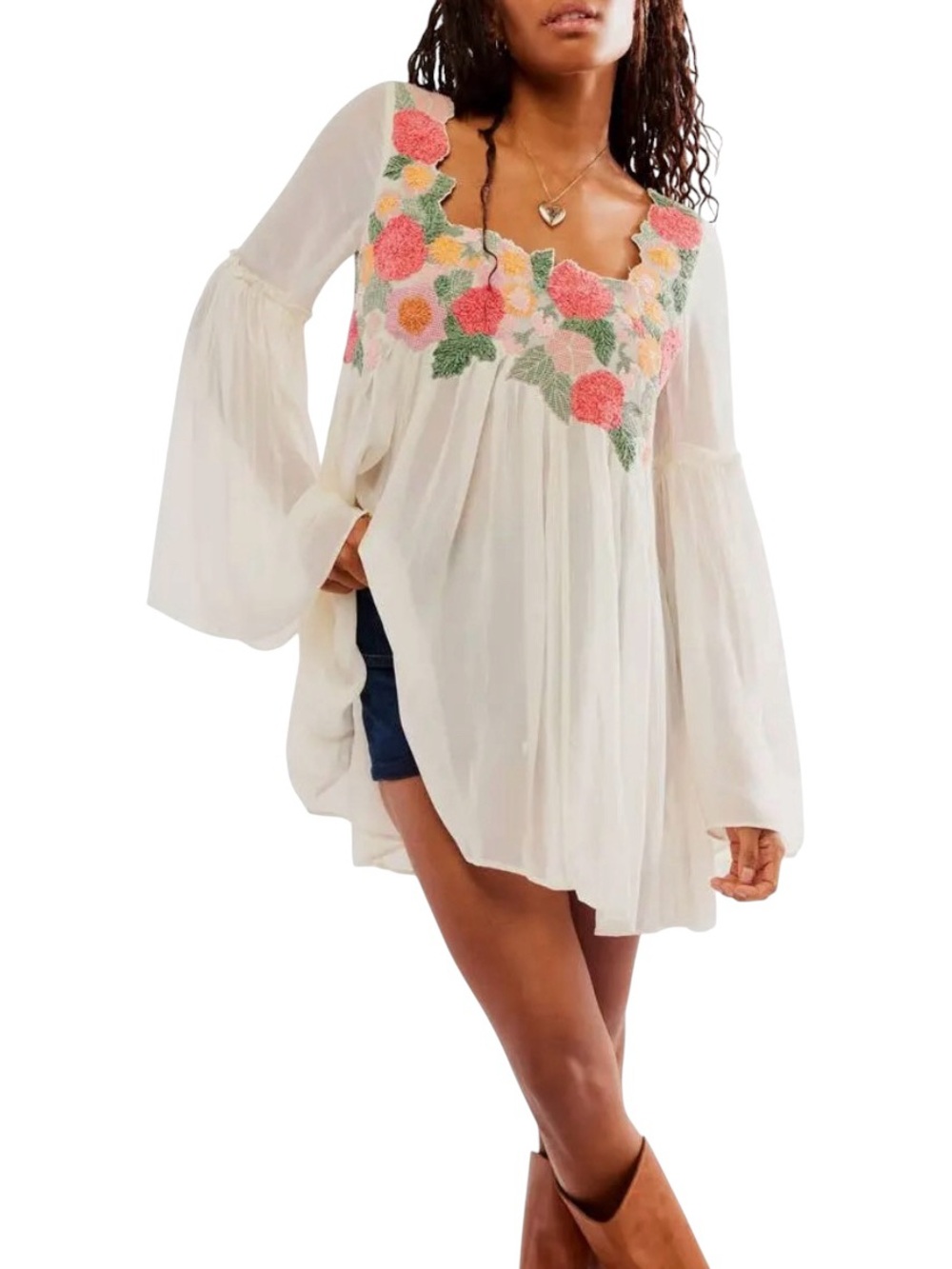 Free People Madeline Tunic Size XS NWT Floral Embroidered Bell Sleeve Cream